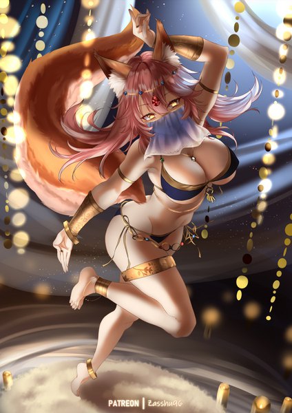 Anime picture 1060x1500 with fate (series) fate/grand order fate/extra tamamo (fate) (all) tamamo no mae (fate) zasshu single long hair tall image looking at viewer fringe breasts light erotic smile hair between eyes large breasts animal ears yellow eyes pink hair cleavage