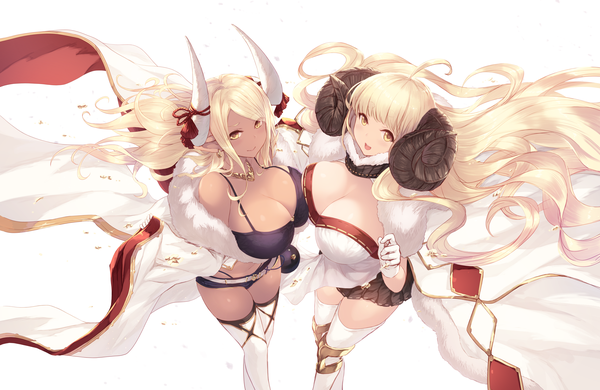 Anime picture 7087x4606 with granblue fantasy anila (granblue fantasy) kumbhira (granblue fantasy) cait long hair looking at viewer blush fringe highres breasts open mouth light erotic simple background blonde hair large breasts white background multiple girls yellow eyes payot absurdres