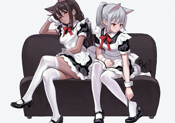 Anime picture 2400x1697 with original feiqizi (fkey) kafei (fkey) fkey looking at viewer highres red eyes brown hair white background sitting multiple girls signed animal ears payot looking away ponytail grey hair cat ears maid crossed legs