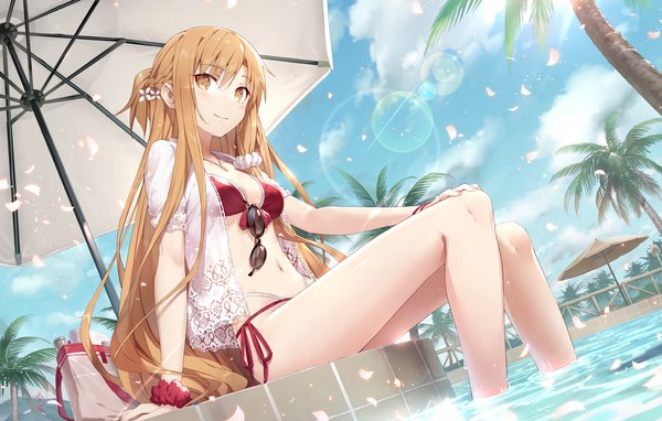 Anime picture 1569x1000 with sword art online a-1 pictures yuuki asuna gabiran single long hair looking at viewer blush fringe light erotic hair between eyes brown hair sitting brown eyes payot sky cloud (clouds) braid (braids) light smile open clothes