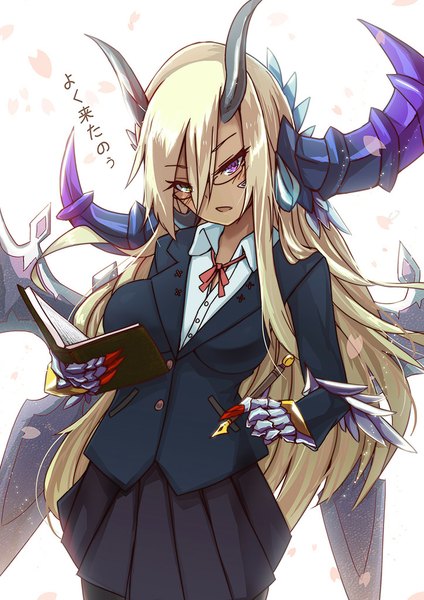 Anime picture 724x1024 with puzzle & dragons sonia (p&d) rocknroll (artist) single long hair tall image blush fringe breasts open mouth blonde hair purple eyes monster girl girl skirt uniform school uniform shirt glasses white shirt