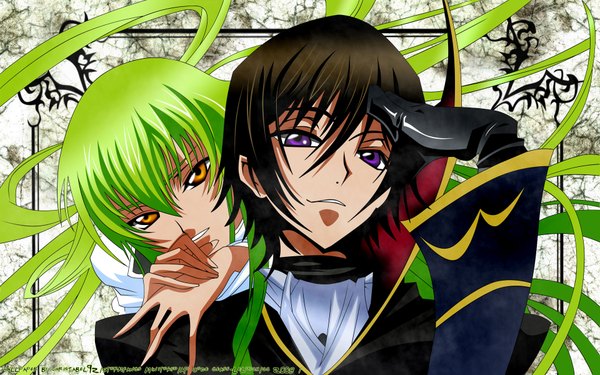 Anime picture 1920x1200 with code geass sunrise (studio) c.c. lelouch lamperouge long hair looking at viewer fringe highres short hair wide image purple eyes yellow eyes parted lips green hair couple girl boy