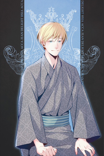 Anime picture 1500x2250 with acca 13-ku kansatsu-ka madhouse jean otus delight hsia single tall image looking at viewer fringe short hair blue eyes blonde hair hair between eyes sitting signed traditional clothes japanese clothes light smile wide sleeves character names text