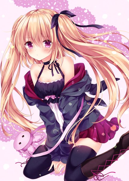 Anime picture 700x979 with original nogi takayoshi single long hair tall image looking at viewer blush fringe blonde hair hair between eyes sitting twintails bare shoulders cleavage pink eyes off shoulder open jacket wariza between thighs girl