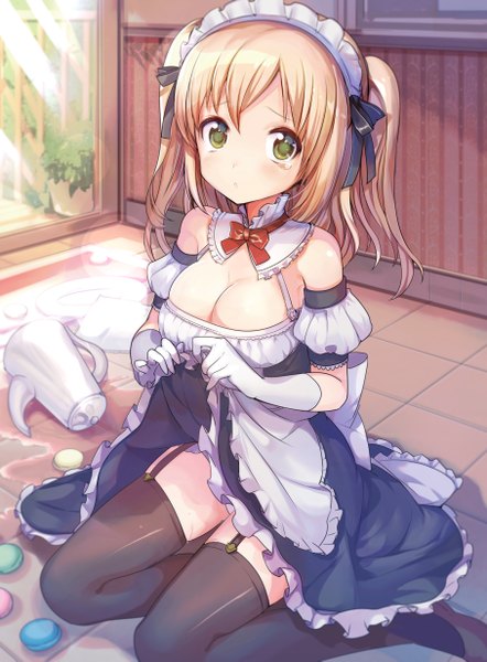 Anime picture 908x1231 with original konbu wakame single long hair tall image looking at viewer blush breasts light erotic blonde hair twintails bare shoulders green eyes cleavage from above maid skirt lift girl skirt gloves