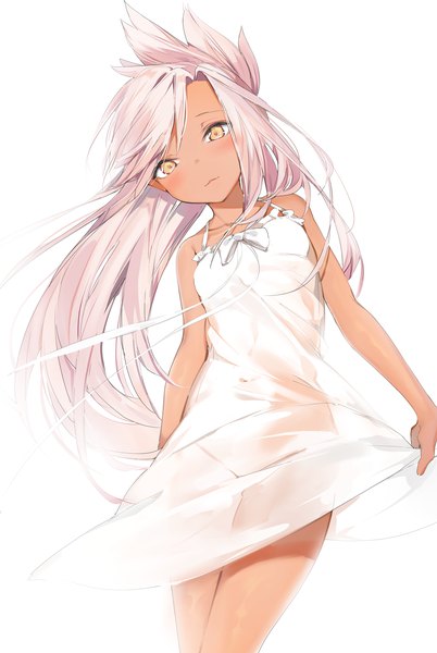 Anime picture 2480x3700 with fate (series) fate/kaleid liner prisma illya kuro (fate/kaleid liner) silver (chenwen) single long hair tall image looking at viewer blush fringe highres light erotic simple background standing white background bare shoulders yellow eyes pink hair head tilt sleeveless