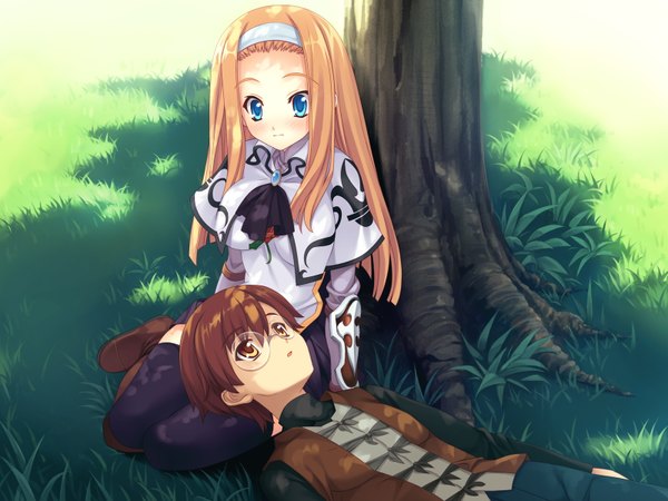 Anime picture 1600x1200 with boku no te no naka no rakuen (game) ellinor besch kurosaki (artist) long hair blush short hair open mouth blue eyes blonde hair brown hair sitting brown eyes game cg lying girl thighhighs boy black thighhighs plant (plants) tree (trees)