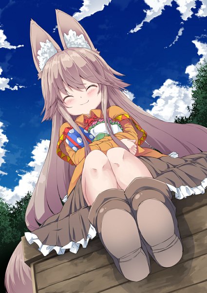 Anime picture 724x1023 with original noa (nagareboshi) single long hair tall image blush fringe brown hair sitting animal ears sky cloud (clouds) bent knee (knees) tail eyes closed animal tail from below fox ears fox tail fox girl