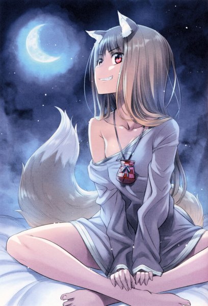 Anime picture 4340x6381 with spice and wolf horo koume keito single long hair tall image looking at viewer fringe highres breasts light erotic smile red eyes brown hair sitting animal ears absurdres bent knee (knees) tail animal tail