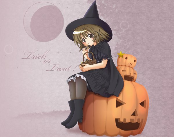 Anime picture 1199x950 with hidamari sketch shaft (studio) yuno kahis (sweetbriar) single short hair brown hair sitting brown eyes loli halloween witch trick or treat girl dress x hair ornament witch hat cookie (cookies) wand