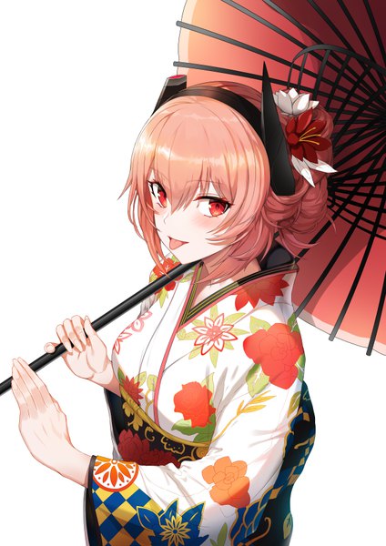 Anime picture 4960x7016 with girls frontline m4 sopmod ii (girls frontline) greem bang single tall image looking at viewer blush fringe highres short hair simple background hair between eyes red eyes standing white background holding pink hair absurdres upper body traditional clothes