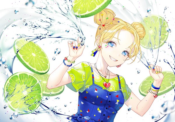 Anime picture 1200x832 with original ribbonari single looking at viewer short hair blue eyes simple background blonde hair smile white background upper body nail polish arms up hair bun (hair buns) dutch angle grin facial mark face paint food print multicolored nail polish