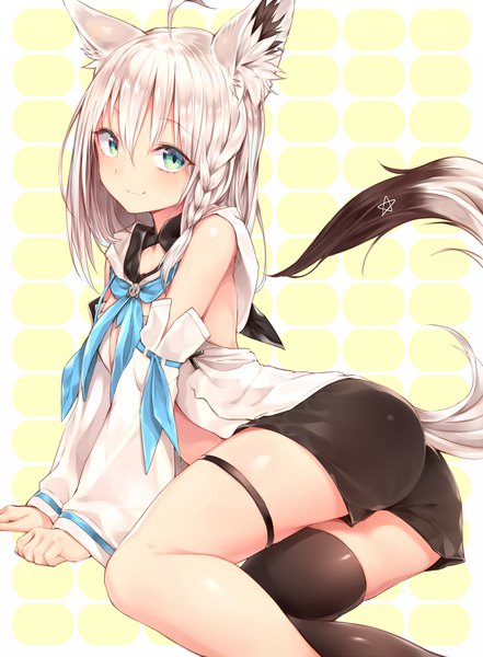 Anime picture 1250x1700 with virtual youtuber hololive shirakami fubuki shirakami fubuki (1st costume) suke single long hair tall image looking at viewer blush fringe light erotic smile hair between eyes green eyes animal ears silver hair ahoge ass tail