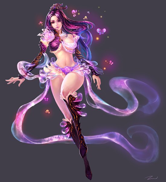Anime picture 1000x1091 with zhang wei yi single long hair tall image looking at viewer light erotic simple background purple eyes bare shoulders purple hair realistic grey background midriff girl navel hair ornament detached sleeves insect butterfly
