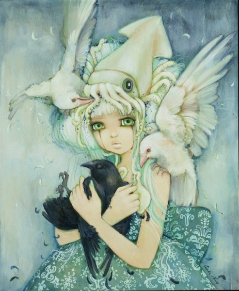 Anime picture 1133x1380 with camilladerrico single long hair tall image looking at viewer simple background bare shoulders green eyes white hair tears blue background girl animal bird (birds) feather (feathers) seagull squid