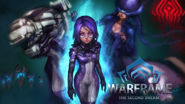 Anime picture 1920x1080 with warframe phantom (ptcrow) long hair looking at viewer highres short hair breasts wide image purple eyes multiple girls blue hair cleavage purple hair lips girl 2 girls glasses bodysuit