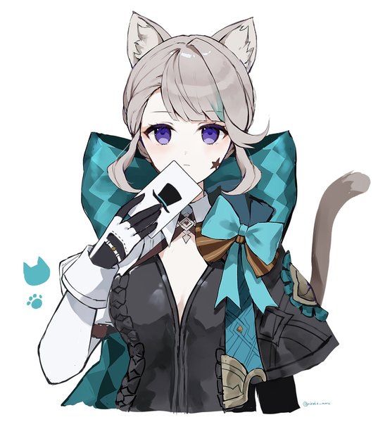 Anime picture 1838x2054 with genshin impact lynette (genshin impact) nirako mona single tall image highres short hair simple background white background purple eyes animal ears upper body tail animal tail grey hair cat ears cat girl cat tail facial mark expressionless