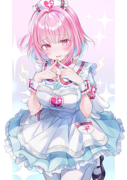 Anime picture 1000x1415 with idolmaster idolmaster cinderella girls yumemi riamu nabi (uz02) single tall image blush fringe short hair breasts open mouth simple background standing pink hair blunt bangs pink eyes multicolored hair two-tone hair sweat embarrassed