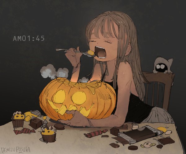 Anime picture 1028x848 with original demizu posuka single long hair open mouth simple background signed eyes closed grey hair black background halloween eating girl food sweets candy jack-o'-lantern chocolate cupcake