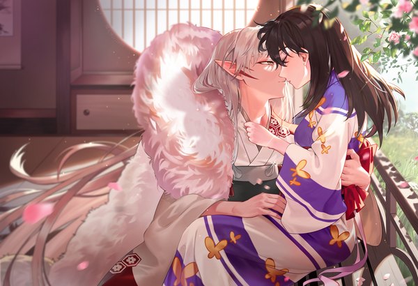 Anime picture 1580x1080 with inuyasha sesshomaru rin (inuyasha) peach luo long hair brown hair silver hair indoors very long hair traditional clothes japanese clothes profile pointy ears fur trim animal print almost kiss butterfly print girl boy kimono