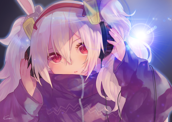 Anime picture 1000x707 with azur lane laffey (azur lane) karinto yamada single long hair looking at viewer fringe hair between eyes red eyes twintails upper body white hair hair over one eye lens flare light hand on headphones girl headphones cable sports jacket