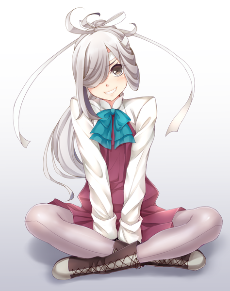Anime picture 1200x1516 with kantai collection asashimo (kantai collection) dabadhi single long hair tall image looking at viewer fringe smile sitting ponytail grey hair hair over one eye grey background grey eyes gradient background lacing indian style remodel (kantai collection) girl