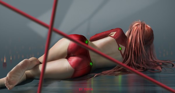 Anime picture 2027x1080 with neon genesis evangelion gainax soryu asuka langley ydiya single long hair highres light erotic wide image signed ass lying barefoot from behind blurry orange hair bare legs dutch angle back on side