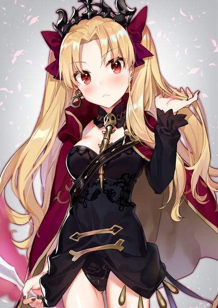 Anime picture 800x1130 with fate (series) fate/grand order ereshkigal (fate) shirako miso single long hair tall image looking at viewer blush fringe light erotic blonde hair simple background red eyes standing holding long sleeves nail polish two side up gradient background