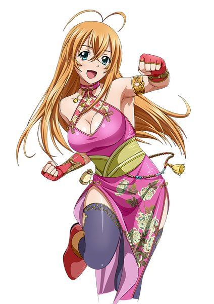 Anime picture 600x848 with ikkitousen sonsaku hakufu single long hair tall image blush breasts open mouth blue eyes light erotic blonde hair white background traditional clothes chinese clothes girl thighhighs gloves black thighhighs fingerless gloves chinese dress