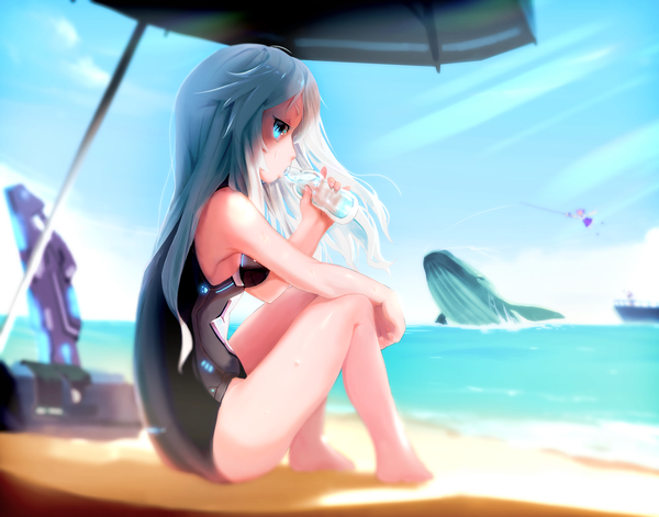 Anime picture 1664x1308 with choujigen game neptune noire neptune (choujigen game neptune) black heart nepgear segamark long hair looking at viewer fringe short hair open mouth light erotic multiple girls purple hair cloud (clouds) bent knee (knees) outdoors profile barefoot aqua eyes