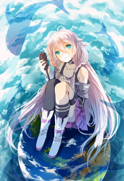 Anime picture 840x1220 with vocaloid ia (vocaloid) koyuiko single long hair tall image looking at viewer blush sitting pink hair cloud (clouds) ahoge braid (braids) aqua eyes girl thighhighs skirt miniskirt animal choker