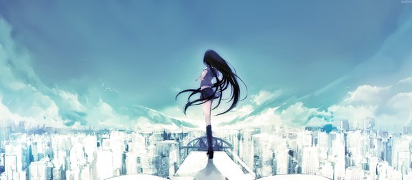 Anime picture 2280x1000 with original nekoya (liu) single highres light erotic black hair wide image standing signed sky cloud (clouds) full body outdoors very long hair pleated skirt from behind short sleeves pantyshot lens flare city