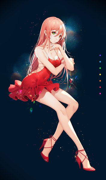 Anime picture 1179x2000 with original niya tidsean single long hair tall image looking at viewer blush fringe breasts hair between eyes large breasts green eyes pink hair cleavage full body bent knee (knees) nail polish fingernails sparkle