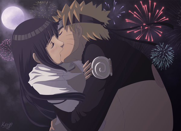 Anime picture 1500x1089 with naruto studio pierrot naruto (series) uzumaki naruto hyuuga hinata kayodedhoko long hair blush short hair black hair blonde hair eyes closed night sky couple hug coloring facial mark kiss whisker markings jinchuriki