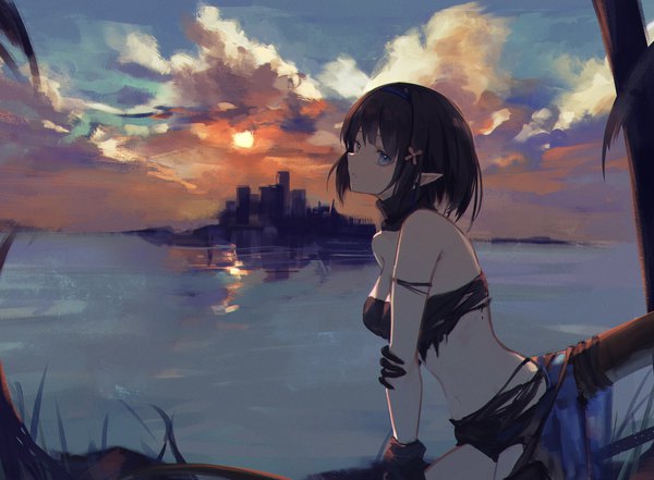 Anime picture 4147x3050 with arknights eunectes (arknights) 7ife single highres short hair blue eyes light erotic black hair absurdres sky cloud (clouds) pointy ears evening sunset horizon holding arm girl gloves black gloves