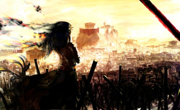 Anime-Bild 2000x1223 mit touhou yasaka kanako lowlight kirilenko single long hair highres wide image signed hair flower from behind sunlight blurry inscription back city crossed arms cityscape mountain scenic architecture
