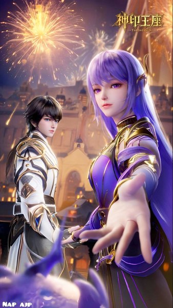 Anime picture 676x1200 with shen yin wang zuo sheng cai'er long haochen hao yue long hair tall image looking at viewer fringe short hair breasts blue eyes black hair smile hair between eyes standing purple eyes purple hair outdoors ponytail realistic