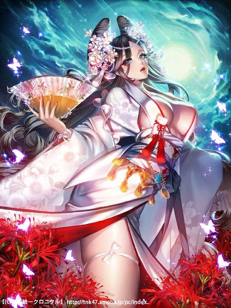 Anime picture 650x866 with 'o'ne (ekdlem1) single tall image looking at viewer fringe breasts blue eyes light erotic black hair large breasts holding sky very long hair traditional clothes parted lips japanese clothes hair flower fingernails lips hair over one eye