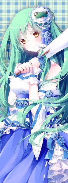Anime picture 394x1062 with touhou kochiya sanae riichu single long hair tall image blush smile yellow eyes traditional clothes green hair girl weapon detached sleeves frills belt wrist cuffs hair tubes