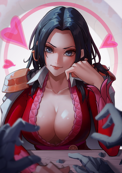 Anime picture 3508x4960 with one piece toei animation boa hancock bet single long hair tall image looking at viewer fringe highres breasts blue eyes light erotic black hair simple background smile large breasts absurdres cleavage upper body