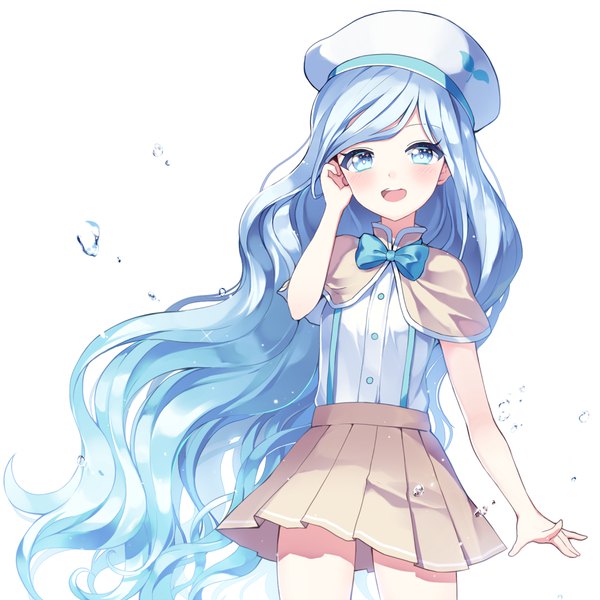Anime picture 1000x1000 with original mechuragi single long hair looking at viewer blush fringe open mouth blue eyes simple background smile standing white background blue hair :d pleated skirt floating hair girl skirt shirt