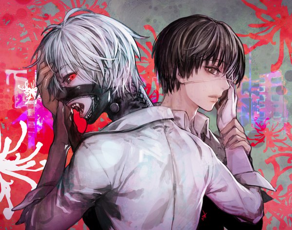 Anime picture 900x710 with tokyo ghoul studio pierrot kaneki ken oollnoxlloo short hair open mouth black hair red eyes holding brown eyes white hair profile lips fang (fangs) hand on another's face black sclera boy flower (flowers) shirt white shirt