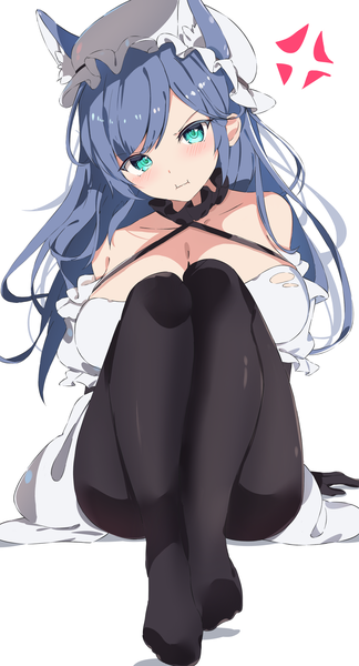 Anime picture 1296x2397 with azur lane jintsuu (azur lane) jintsuu (the gray wolf's ploy) (azur lane) runep single long hair tall image looking at viewer blush breasts light erotic simple background large breasts white background sitting animal ears blue hair cleavage aqua eyes no shoes