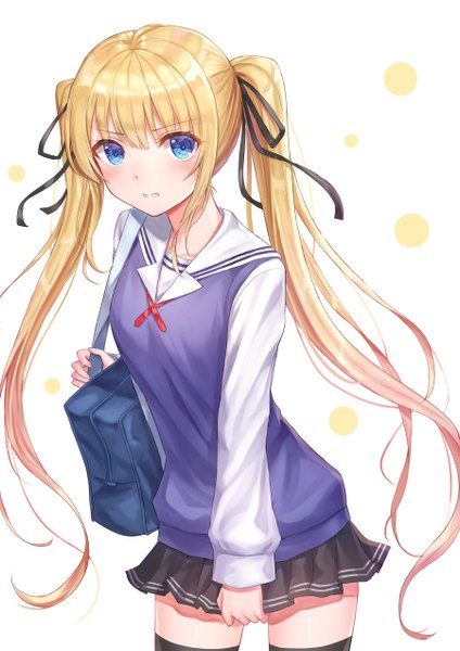 Anime picture 900x1273 with saenai heroine no sodatekata a-1 pictures sawamura spencer eriri seungju lee single long hair tall image blush fringe blue eyes simple background blonde hair hair between eyes standing white background twintails holding payot blunt bangs long sleeves