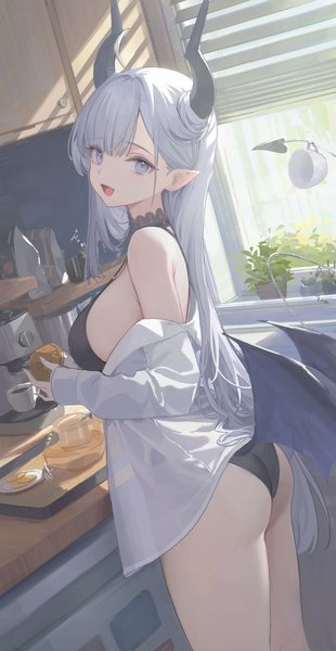 Anime picture 2066x3995 with original thea (nekojira) nekojira single long hair tall image looking at viewer fringe highres breasts open mouth blue eyes light erotic smile large breasts standing holding silver hair ahoge ass