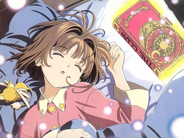 Anime picture 1600x1200 with card captor sakura clamp kinomoto sakura kero (cardcaptor sakura) highres brown hair ahoge eyes closed sleeping book (books) child (children) pajamas