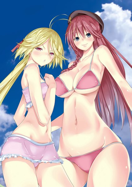 Anime picture 1519x2145 with trinity seven asami lilith yamana mira nao akinari long hair tall image breasts blue eyes light erotic red eyes large breasts multiple girls cloud (clouds) ahoge braid (braids) scan official art from below hand on chest side braid