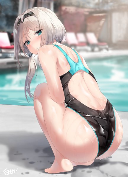 Anime picture 924x1280 with girls frontline an-94 (girls frontline) shirosaba single long hair tall image looking at viewer blush fringe light erotic twintails signed payot silver hair full body outdoors ass looking back barefoot aqua eyes
