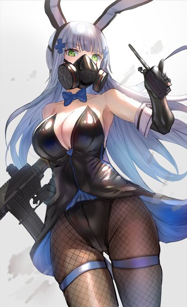 Anime picture 609x1000 with girls frontline hk416 (girls frontline) qian wu atai single long hair tall image looking at viewer blush fringe breasts light erotic simple background large breasts bare shoulders holding green eyes animal ears cleavage silver hair blunt bangs