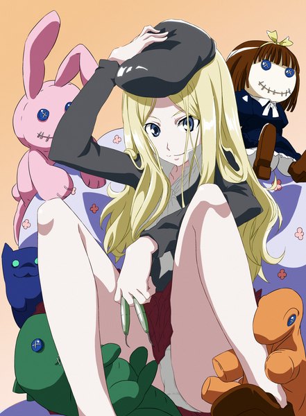 Anime picture 1177x1600 with to aru kagaku no railgun to aru majutsu no index j.c. staff frenda seivelun tappa (esperanza) long hair tall image blue eyes light erotic blonde hair sitting legs pantyshot sitting girl skirt underwear panties hat miniskirt toy